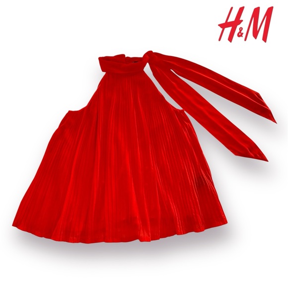 H&M Vibrant Bright Red-Orange Pleated Halter-neck Blouse - Picture 3 of 8